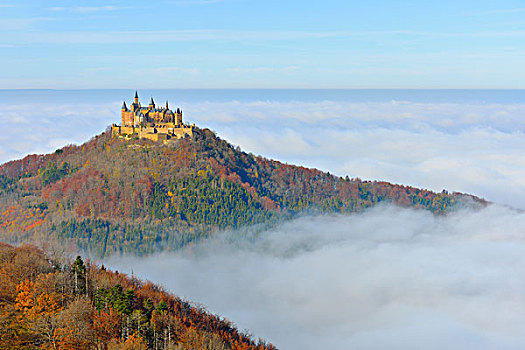 城堡,雾,高山,巴登符腾堡,德国,欧洲