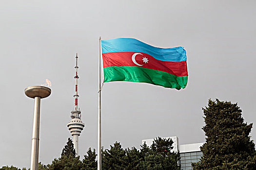 阿塞拜疆,巴库,旗帜,摆动,靠近,纪念,火焰,电视塔