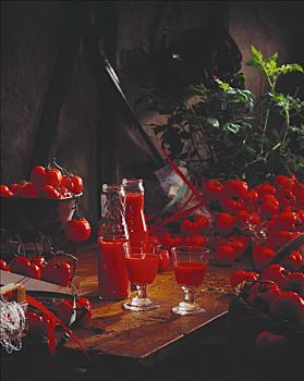 番茄汁,瓶子,玻璃杯,围绕,西红柿