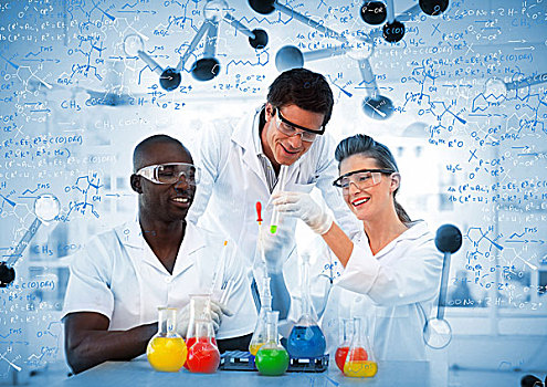 微笑,化学家,看,试管,实验室,电脑合成,背景
