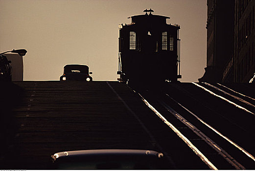 剪影,有轨电车,街上,日落,旧金山,加利福尼亚,美国