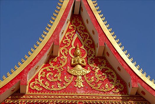 红色,金色,装饰,山墙,佛教寺庙,万象,老挝