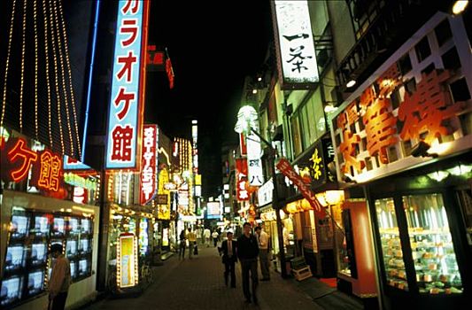 日本,东京,夜晚,街道,霓虹灯,商店,行人