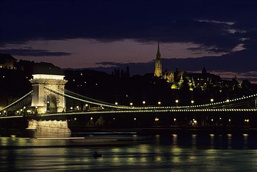 匈牙利,布达佩斯,多瑙河,风景,马提亚斯教堂,夜晚,照片,链索桥