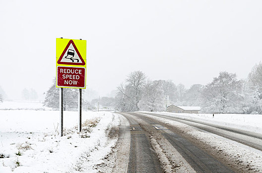 光滑,表面,警告,路标,侧面,乡村道路,雪,地上