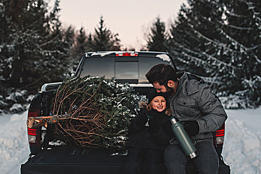 父亲,女儿,背影,挑选,向上,卡车,圣诞树