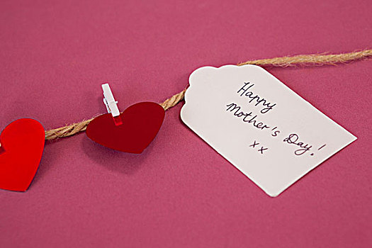 高兴,母亲节,卡,红色,心形,悬挂,绳索,特写