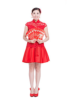 年轻,亚洲女性,红色,旗袍,信封,春节