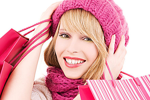高兴,少女,帽子,粉色,购物袋