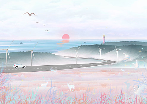 沿海城市风光插画,环保电动汽车行驶在风力发电旁的海边公路上
