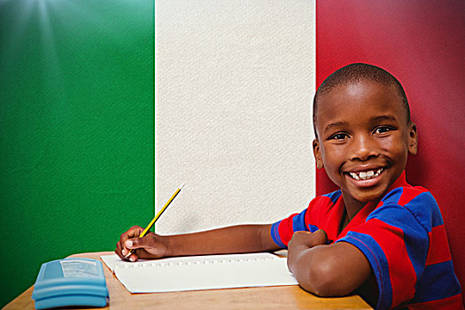 合成效果,图像,高兴,学生,书桌,意大利,国旗