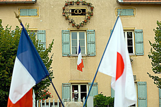 市政厅,旗帜,博若莱葡萄酒,酒乡,罗纳河谷,法国