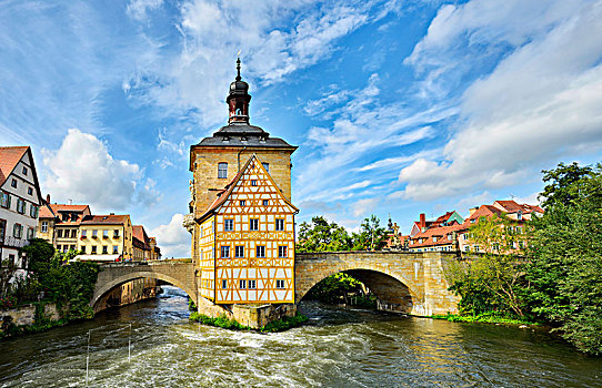 老市政厅,桥,上方,世界遗产,历史,中心,班贝格,上弗兰科尼亚,弗兰克尼亚,巴伐利亚,德国,欧洲