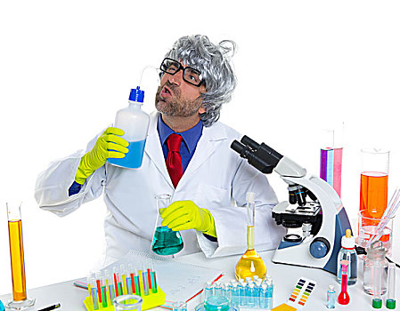疯狂,可笑,呆痴,科学家,喝,化学品,实验,液体,实验室