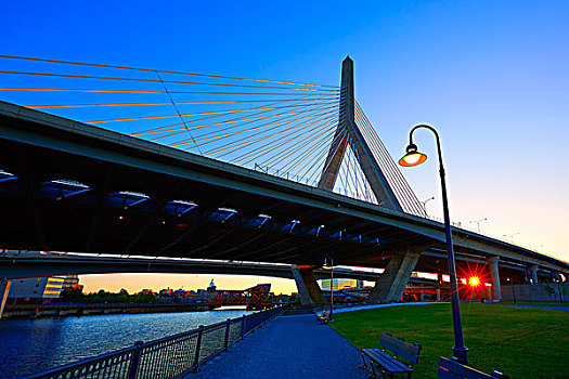 波士顿,桥,日落,山,马萨诸塞,美国