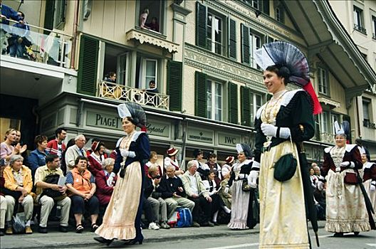 女人,传统服装,游行,节日,因特拉肯,少女峰,瑞士