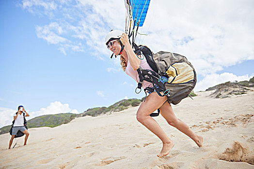 女性,滑翔伞,跑,海滩