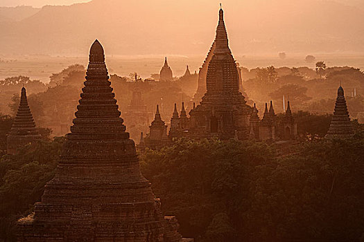 风景,塔,庙宇,地点,逆光,日出,晨光,蒲甘,曼德勒,区域,缅甸,亚洲