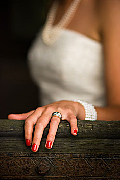 新娘,婚礼,红色,钉子,指甲油,戴着,白色,服装,珍珠,项链