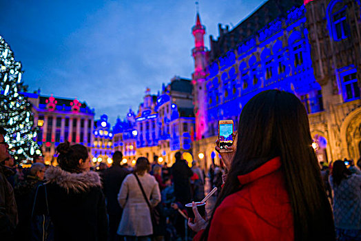 比利时,布鲁塞尔,大广场,德威饭店,晚间,光亮,圣诞树