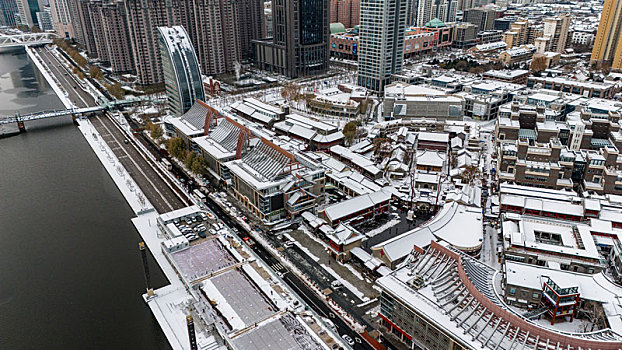 天津海河雪景航拍