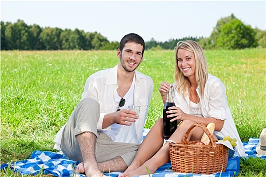 野餐,年轻,幸福伴侣,庆贺,葡萄酒