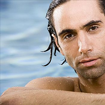 肖像,中年,男人,游泳池