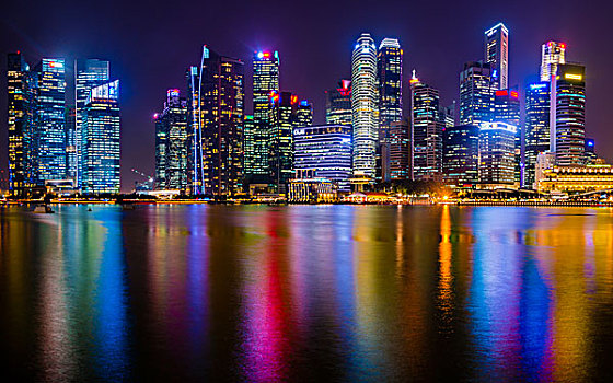 天际线,夜景,市区,金融区,中央商务区,码头,湾,城市核心区,新加坡,亚洲