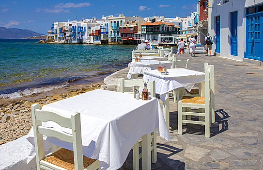 餐馆,海洋,小威尼斯,米克诺斯岛,城市,基克拉迪群岛,爱琴海,希腊,欧洲