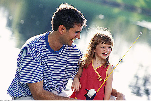 父亲,女儿,钓鱼
