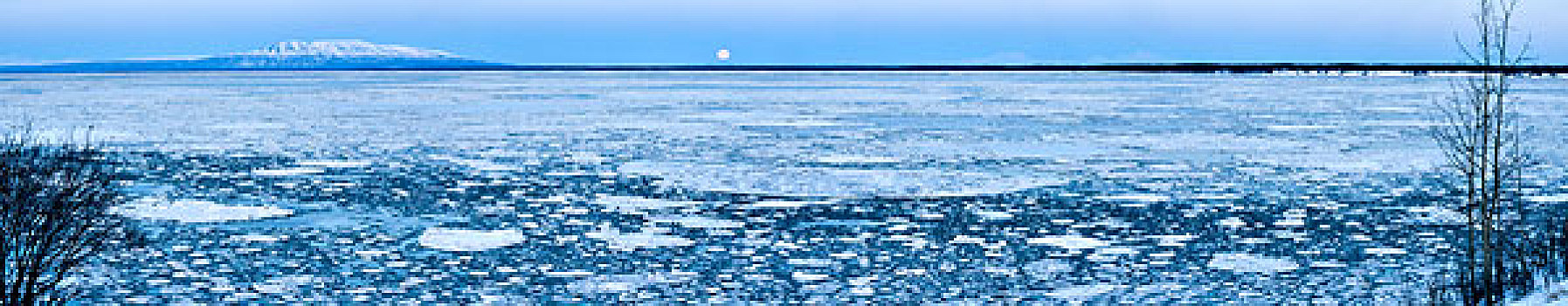 全景,满月,后面,山,冰,库克海峡,阿拉斯加,冬天