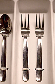 三把整齐的金属餐具勺子和叉子