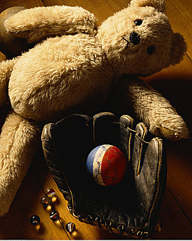 泰迪熊,弹球,棒球手套,球