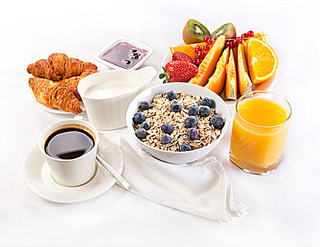 健康,早餐,碗,牛奶什锦早餐,咖啡,牛角面包,果汁,水果