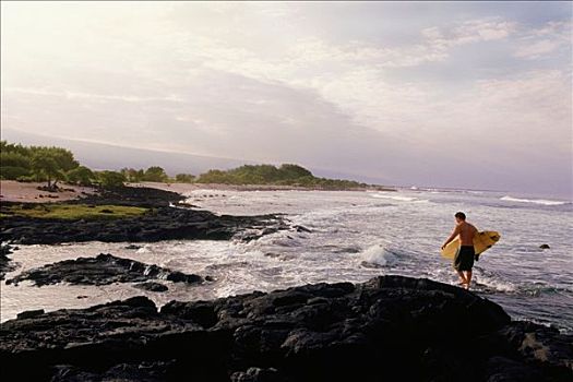 男人,冲浪板,海岸,夏威夷,美国