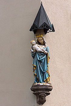 雕塑,圣母玛利亚,圣婴,篷子,连栋房屋,纽伦堡,中间,弗兰克尼亚,巴伐利亚,德国,欧洲