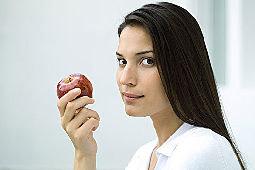 女人,拿着,苹果,侧视,看镜头
