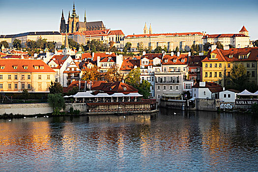 港口,场景,大教堂,背景,日落,布拉格,捷克共和国