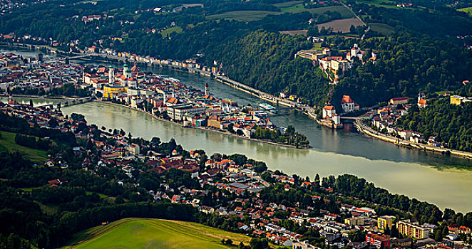 交汇,三个,河,多瑙河,旅店,帕绍,历史,中心,房子,后面,下巴伐利亚,巴伐利亚,德国,欧洲
