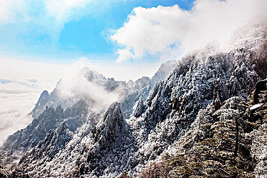 黄山,雪景,群山,雾,蓝天