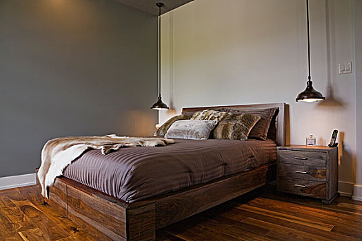 现代,室内设计,奢华,卧室,皇后,床,木地板