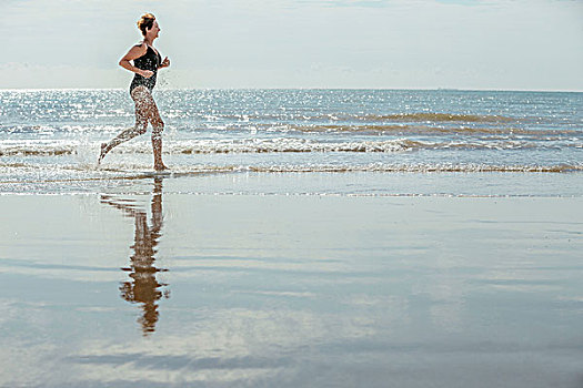 女人,跑,海滩,英国