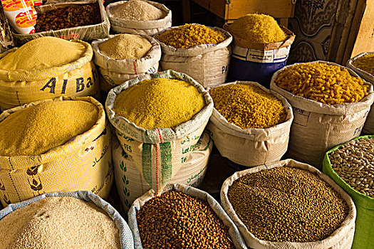 非洲,摩洛哥,包,干燥,商品,扁豆,豆,意大利面,蒸粗麦粉,市场