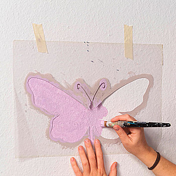 精美,丁香,图案,墙壁,手工制作,蝴蝶,刻花,女人,上油漆