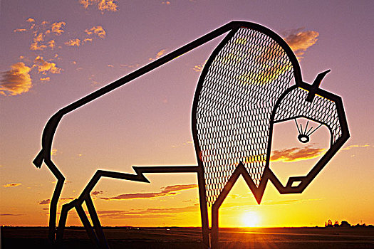 钢铁,野牛,雕塑,日落,萨斯喀彻温,加拿大