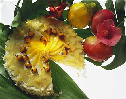 异域风情,椰子奶油蛋糕,杨桃,芒果,酸浆属植物