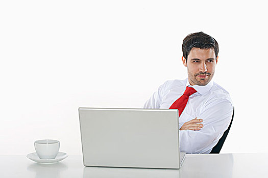 年轻,公司主管,白衬衫,后面,书桌,笔记本电脑