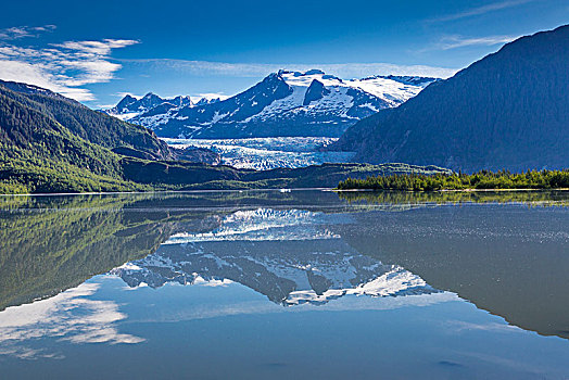 风景,棉田豪冰河,反射,湖,靠近,朱诺,东南阿拉斯加,夏天