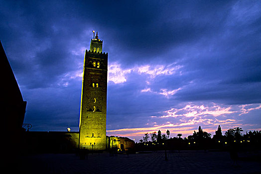 摩洛哥,玛拉喀什,库图比亚清真寺,清真寺,黄昏