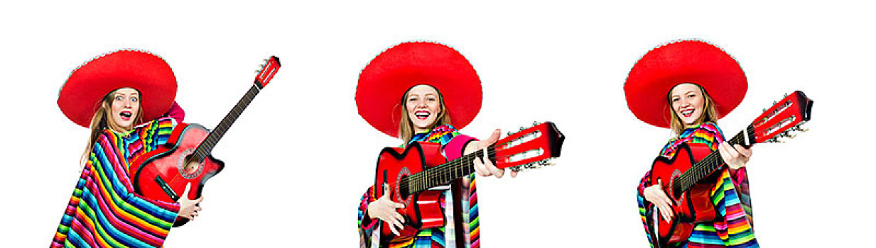 漂亮,女孩,墨西哥人,雨披,吉他,隔绝,白色背景